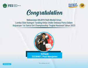 Bangga ! Mahasiswa UNJAYA Raih Medali EmasLomba Silat Kategori Tanding Kelas Under Dewasa Putra DalamKejuaraan 1st Satria Giri Championship Tingkat Nasional Tahun 2023